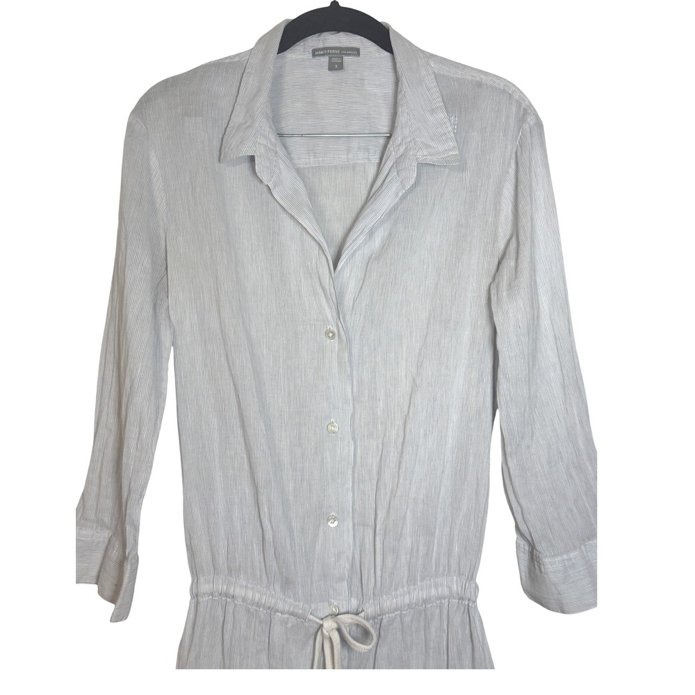 James Perse Linen Blend Shirt Dress L Coastal Button Down Drawstring Waist Sz 3 - Picture 4 of 10